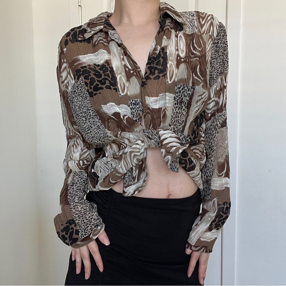 Animal Print Pattern Patchwork Flowy Blouse - image 3